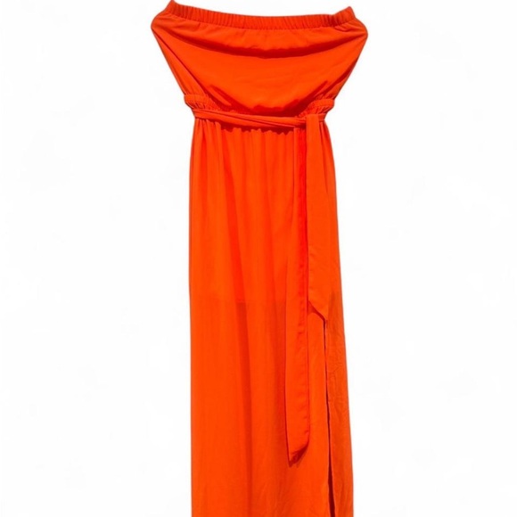 Lush Dresses & Skirts - Lush Bright Orange Strapless Maxi Dress with Waist Sash | Large